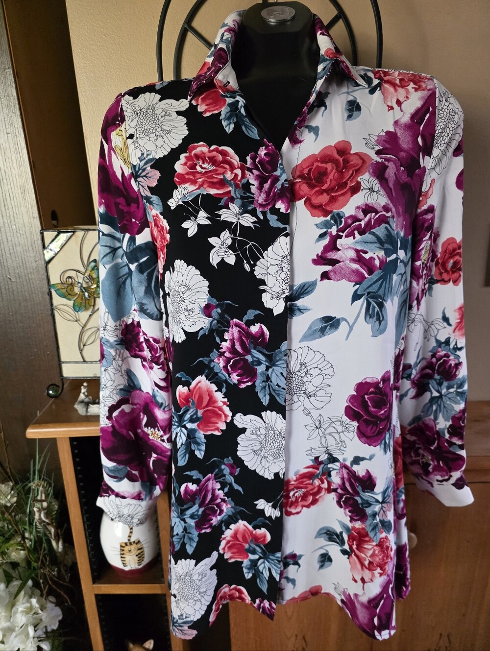 Colourful Floral Split-Print Button-Up Women's Tunic Blouse Size 0/Small